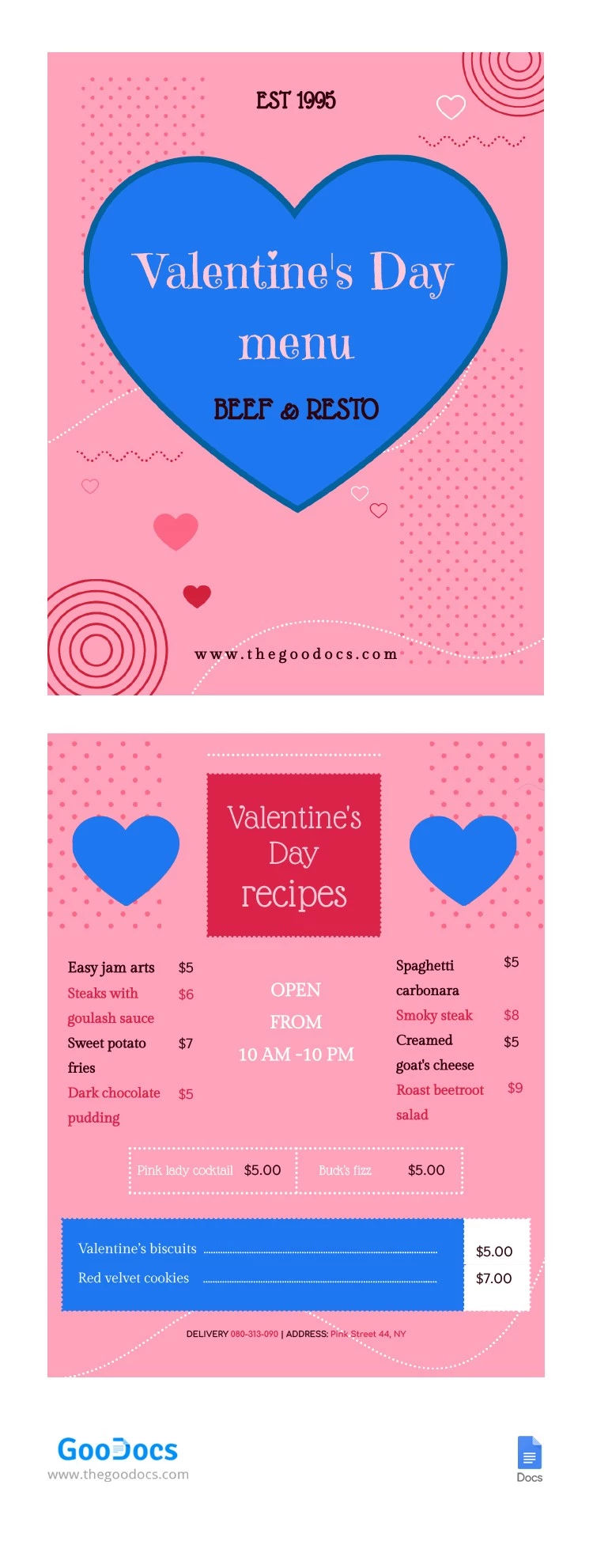 Valentine's Day Menu - free Google Docs Template - 10062530