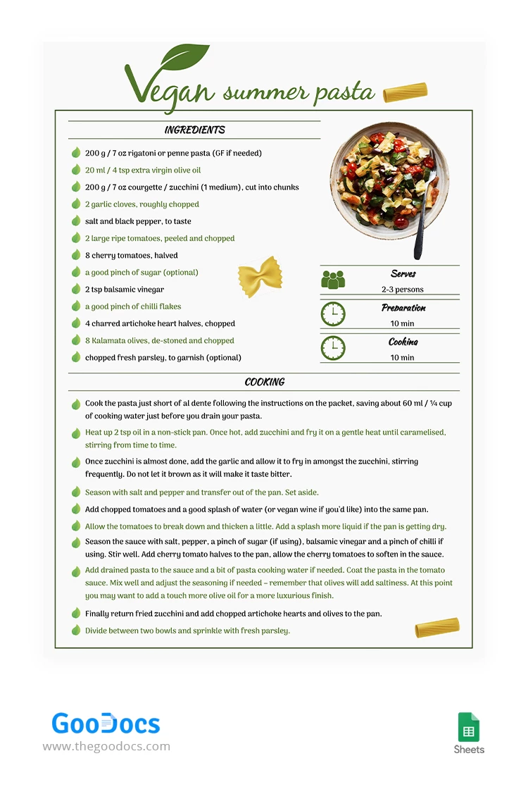 Receta de pasta vegana - free Google Docs Template - 10063813