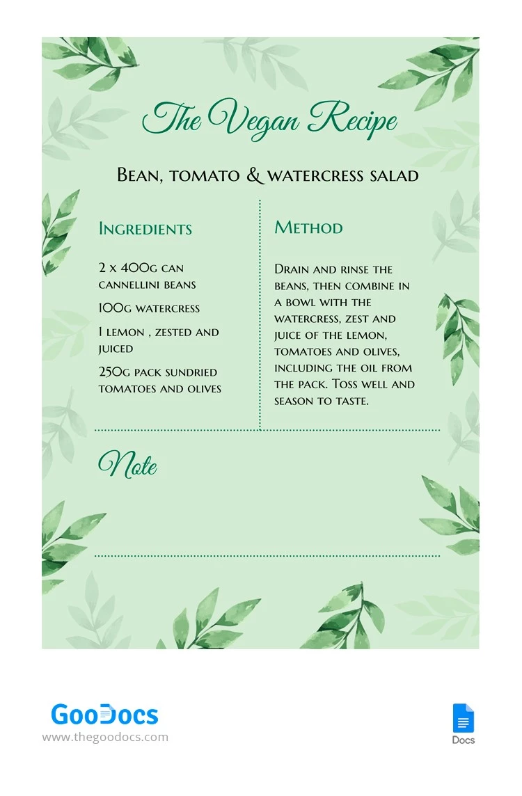 Tarjeta de receta vegana - free Google Docs Template - 10062918