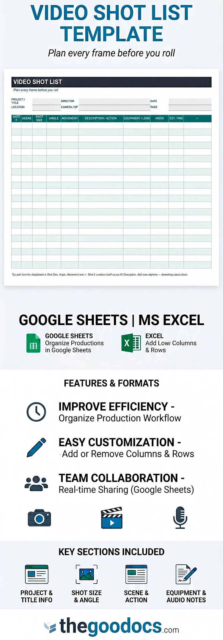 Preview of Video Shot List for Google Sheets and Microsoft Excel