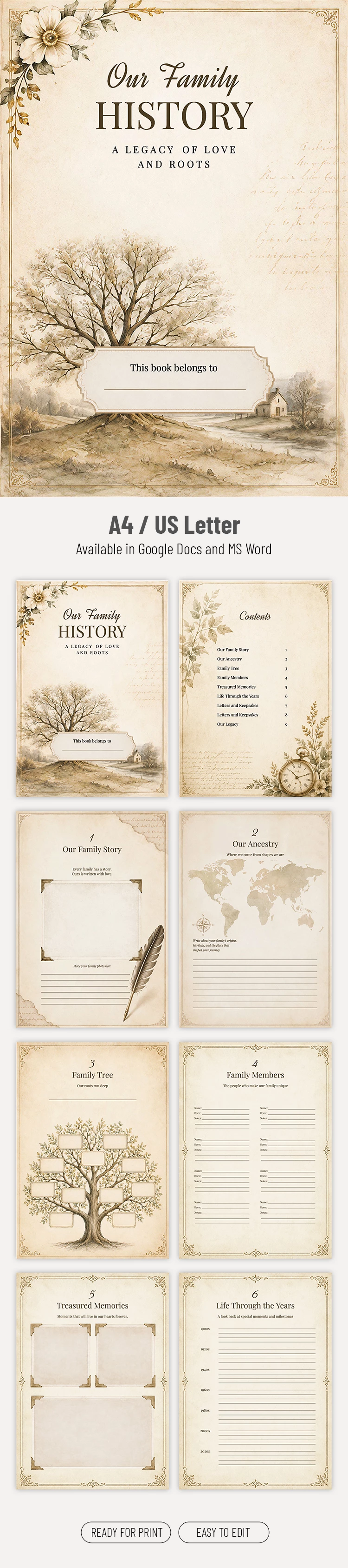 Preview of Vintage Family History Book Template for Google Docs and Microsoft Word