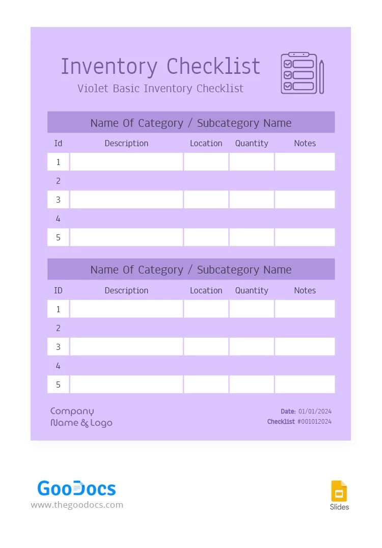 Lista de control de inventario básico violeta - free Google Docs Template - 10065794