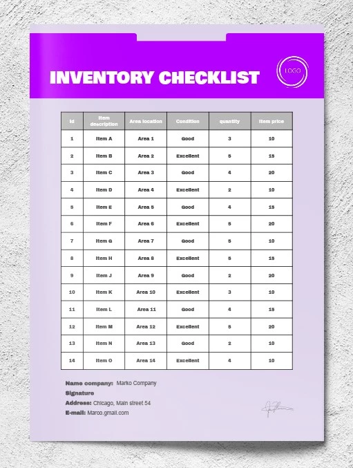 Lista de inventario violeta - free Google Docs Template - 10061847
