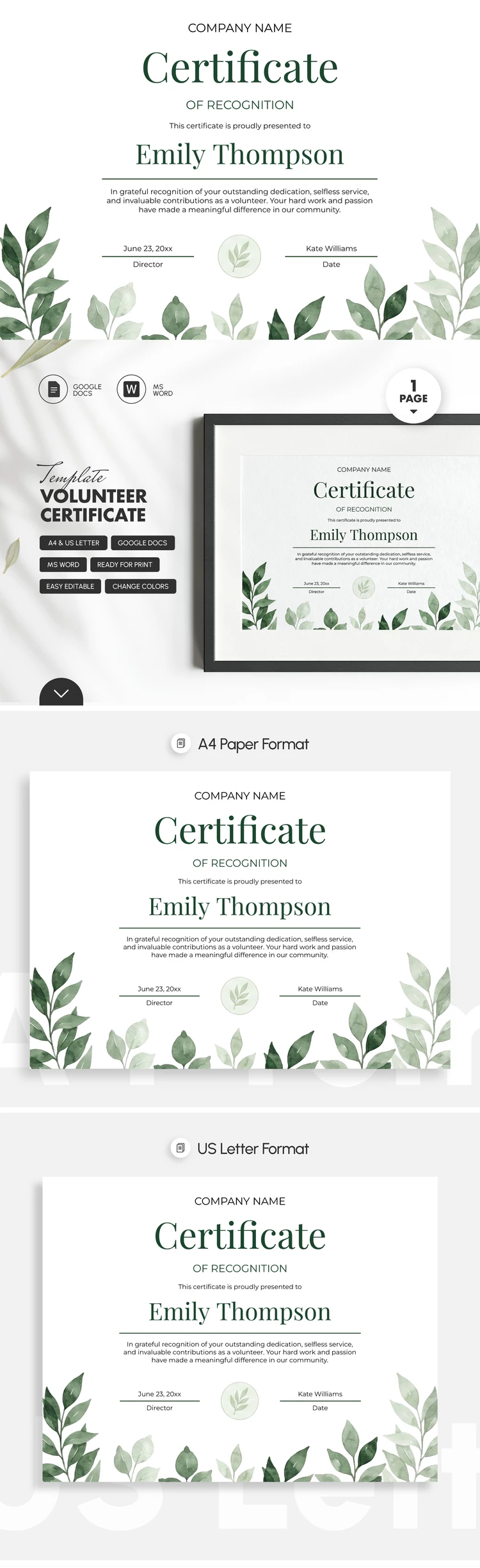 Preview of Volunteer Certificate Template for Google Docs and Microsoft Word