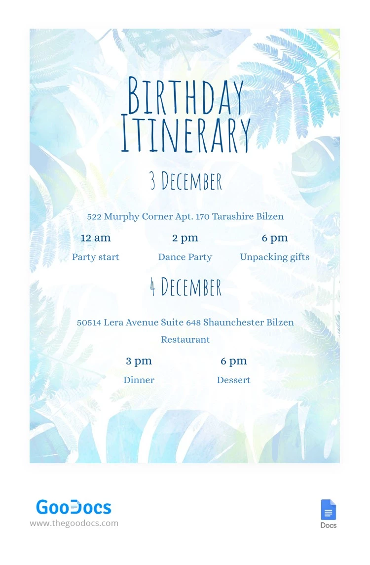 Watercolor Birthday Route Itinerary - free Google Docs Template - 10062264