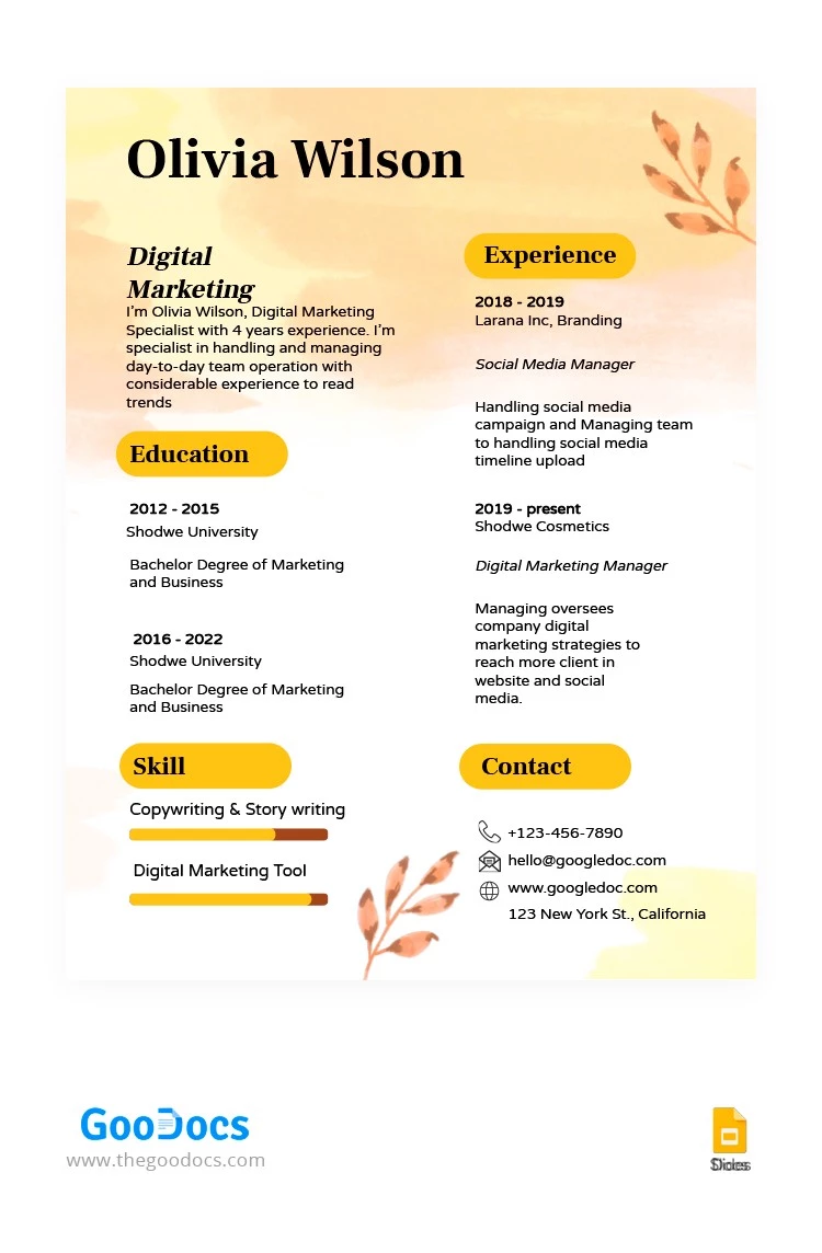 CV de Marketing Amarillo - free Google Docs Template - 10064022