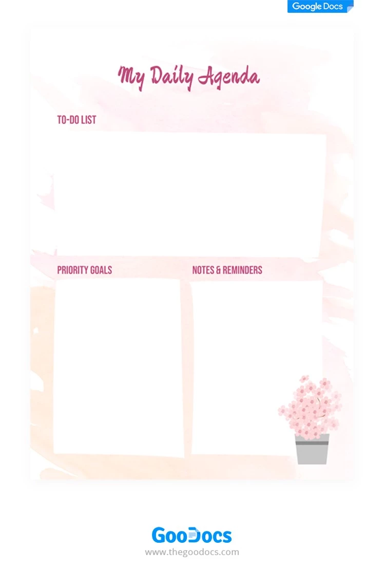 Documento di agenda giornaliera in acquerello rosa - free Google Docs Template - 10062067