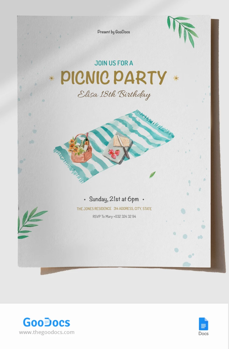 Wasserfarber Picknick-Einladung - free Google Docs Template - 10066713