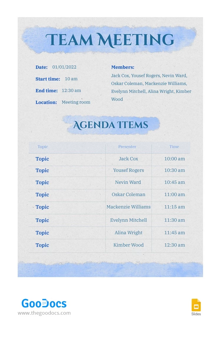 Agenda da Reunião da Equipe - free Google Docs Template - 10062674