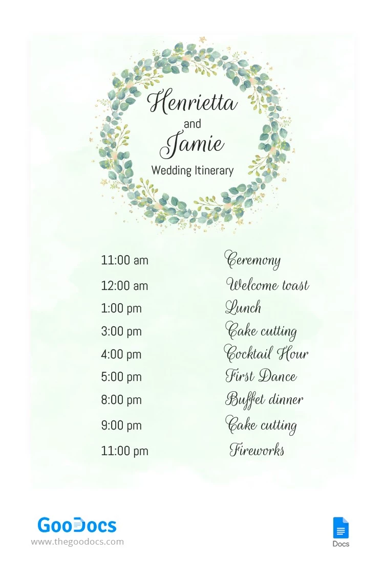 Watercolor Wedding Itinerary - free Google Docs Template - 10064970