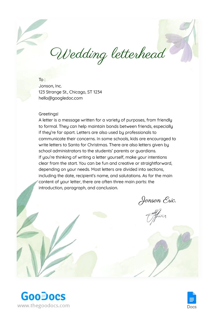 Watercolor Wedding Letterhead - free Google Docs Template - 10064511