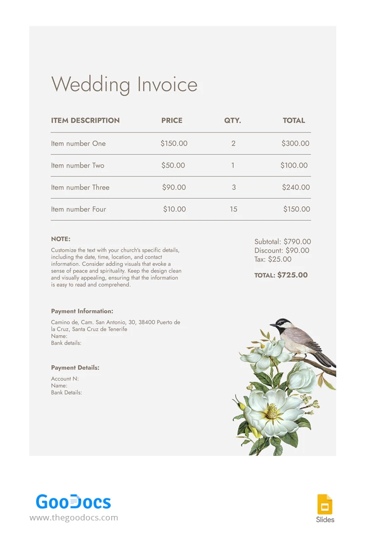 Wedding Bird Invoice - free Google Docs Template - 10066656