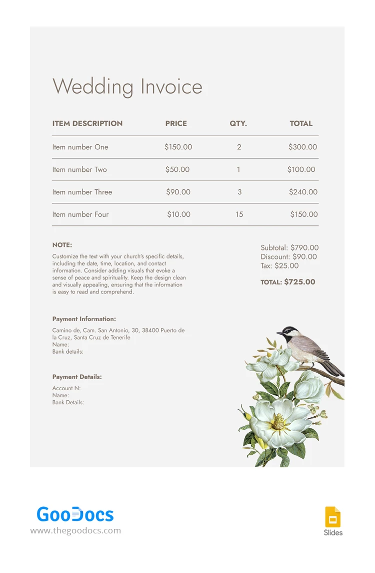 Fattura per il matrimonio di Wedding Bird - free Google Docs Template - 10066656