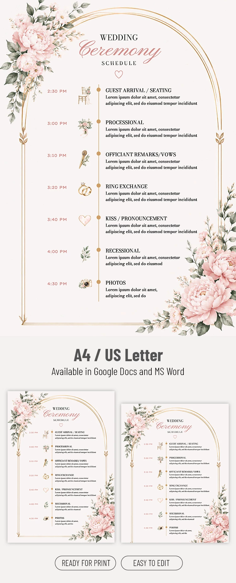 Preview of Wedding Ceremony Schedule Template for Google Docs and Microsoft Word