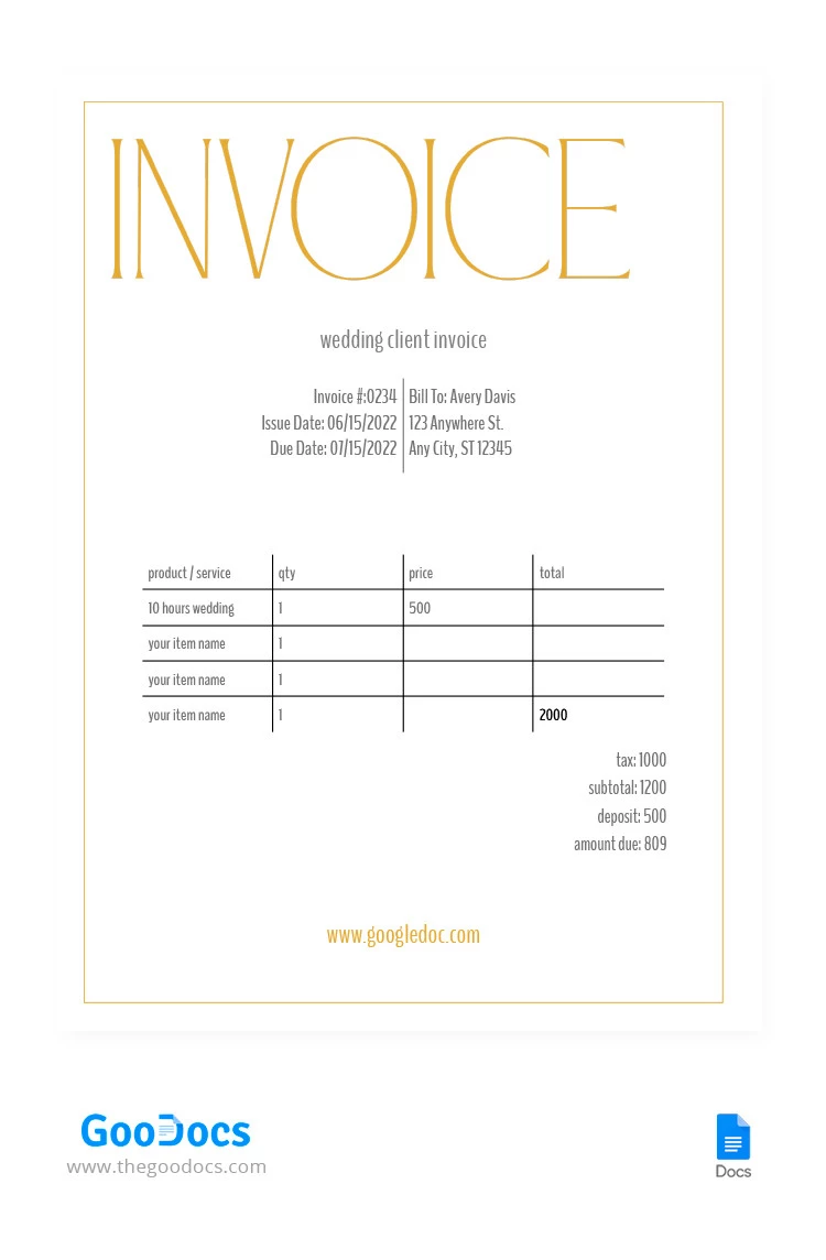 Wedding Clients Invoice - free Google Docs Template - 10065669