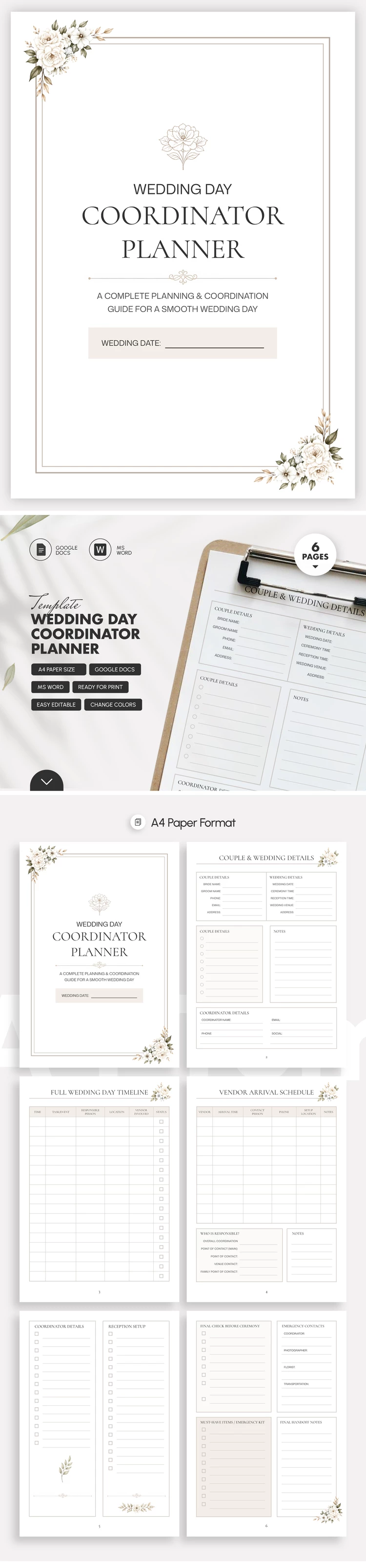 Preview of Wedding Day Coordinator Planner Template for Google Docs and Microsoft Word