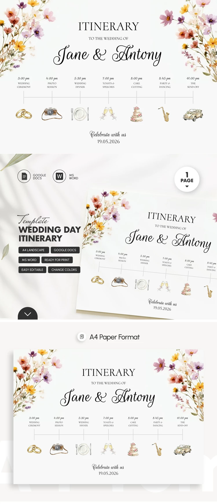 Preview of Wedding Day Itinerary Template with Hourly Timeline for Google Docs and Microsoft Word
