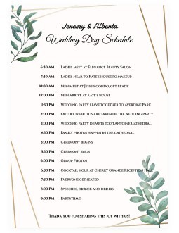 Greenery Wedding Itinerary - Wedding Welcome Program