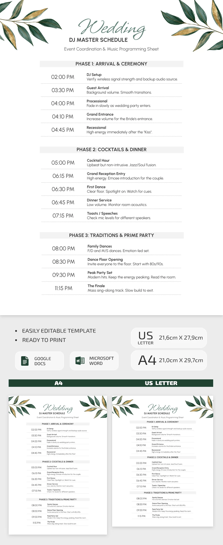 Preview of Wedding DJ Schedule Template for Google Docs and Microsoft Word