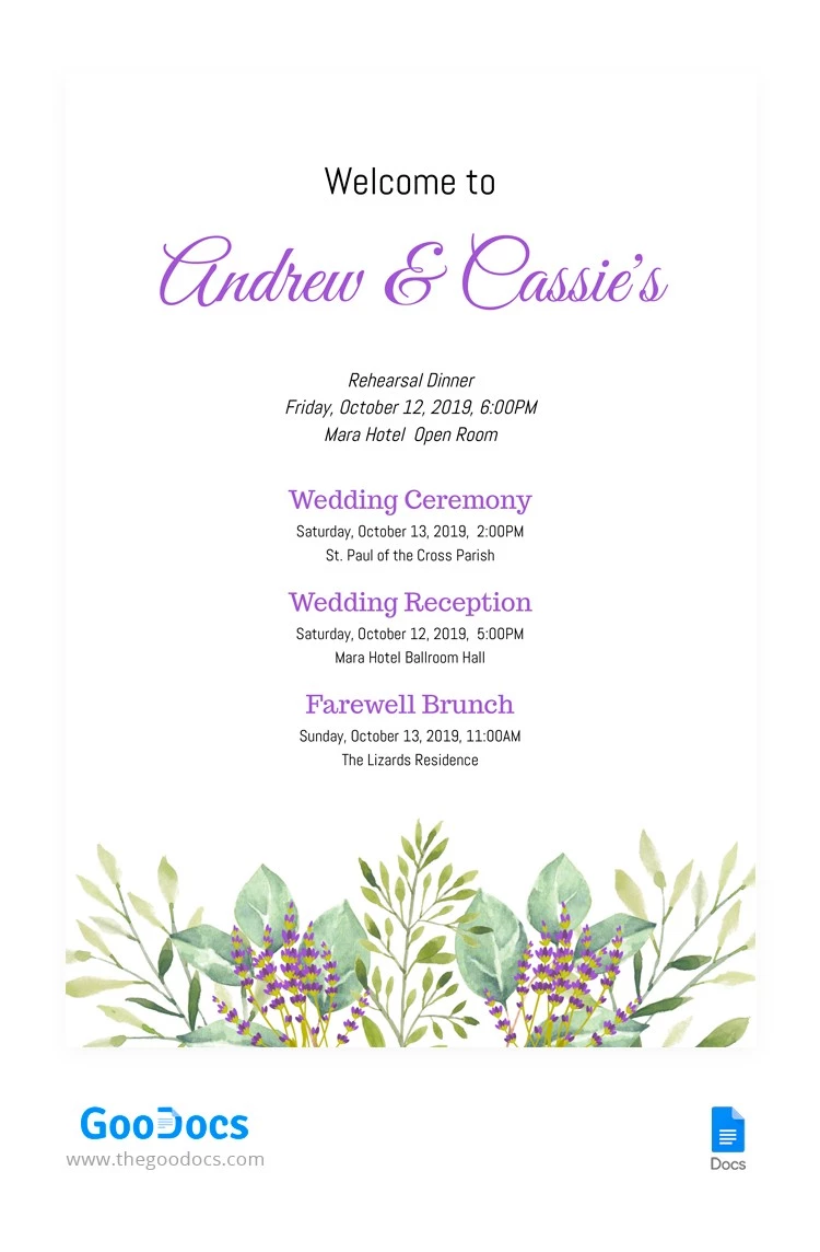 Itinerário floral do casamento - free Google Docs Template - 10064212