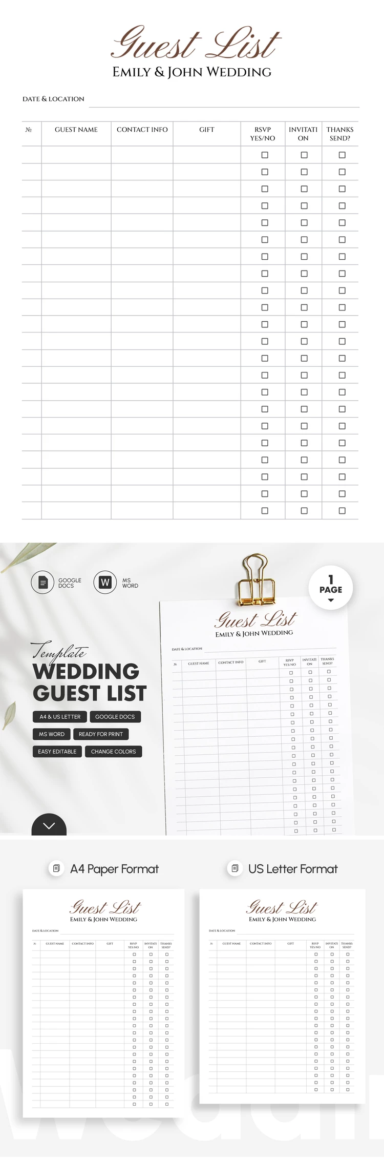 Editable Minimalist Wedding Guest List - free Google Docs Template - 10072126