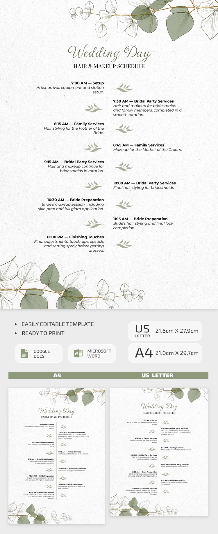 Preview of Wedding Hair and Makeup Schedule Template for Google Docs and Microsoft Word