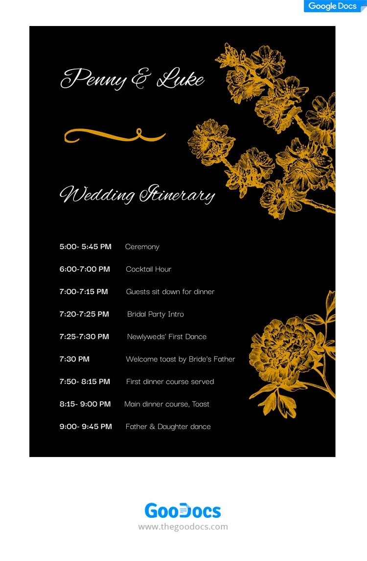 Fantástico itinerario de boda - free Google Docs Template - 10061994