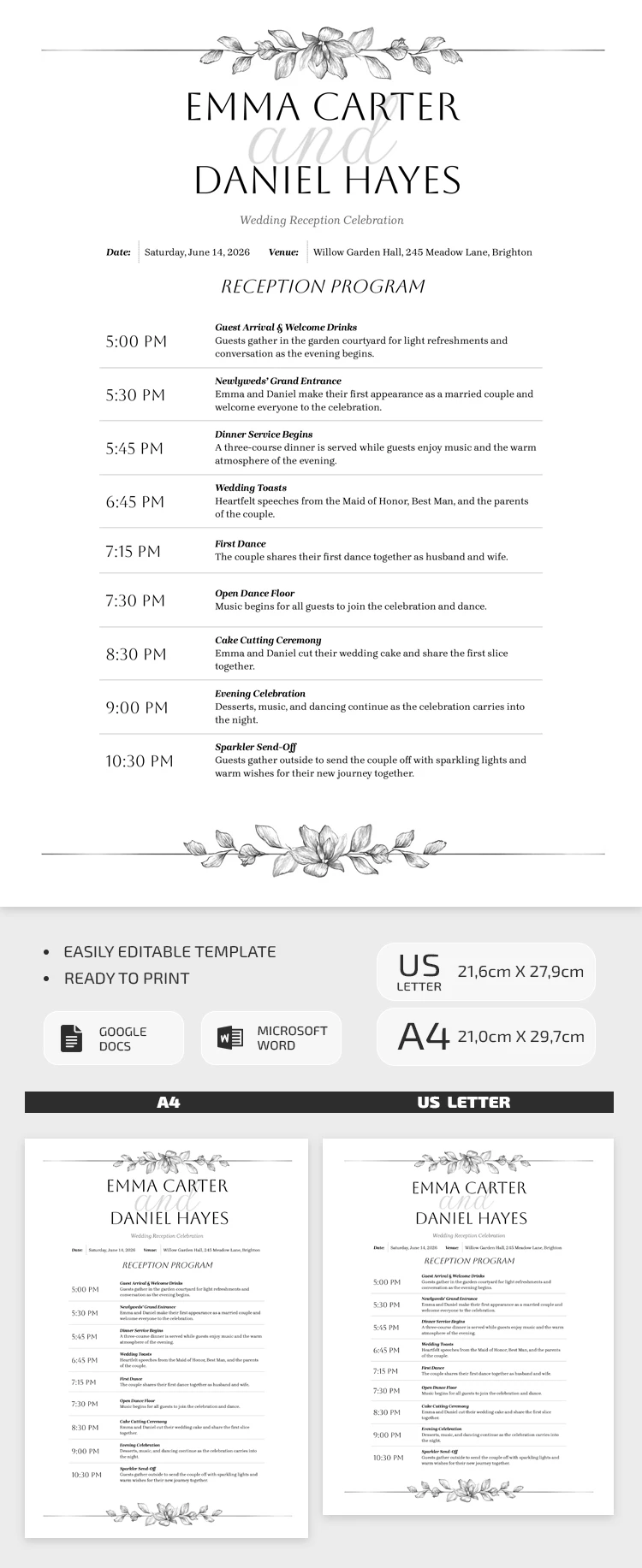 Preview of Wedding Reception Program Template for Google Docs and Microsoft Word