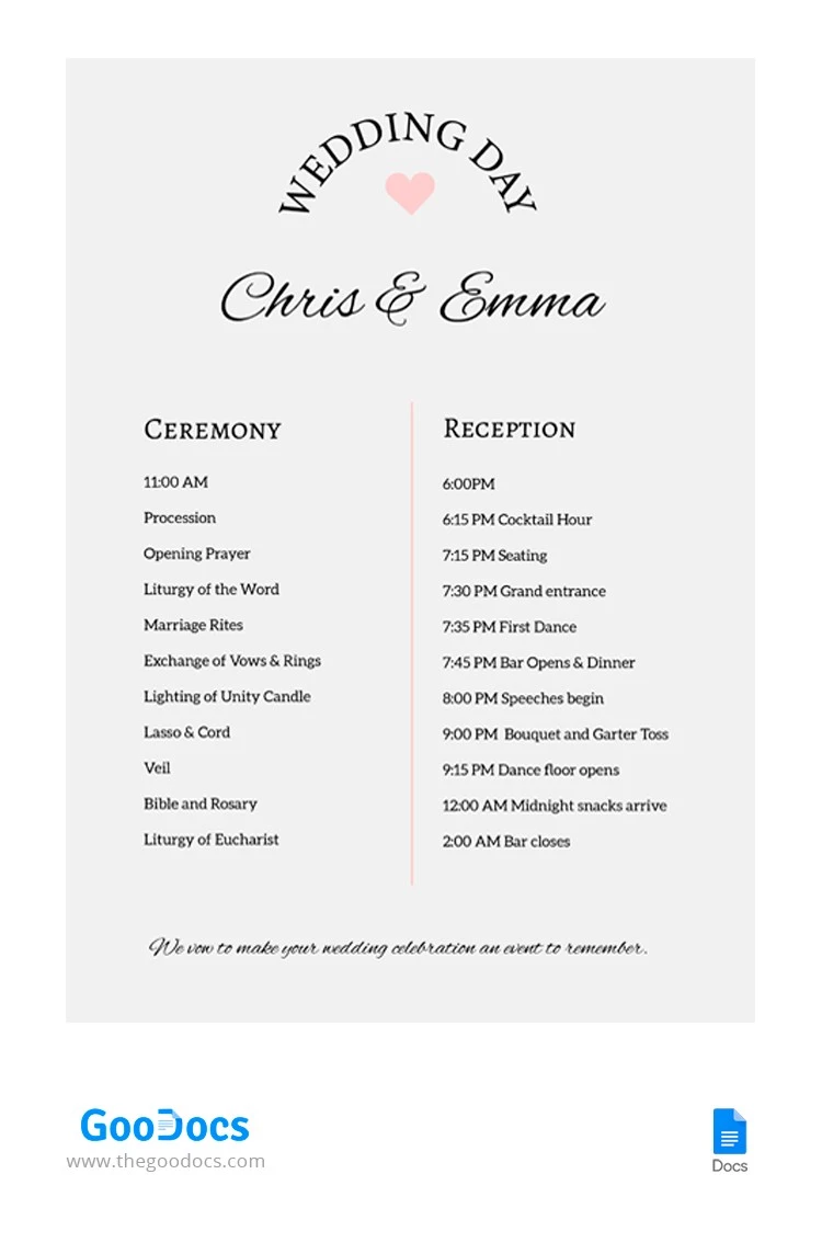 Wedding Schedule - free Google Docs Template - 10062632