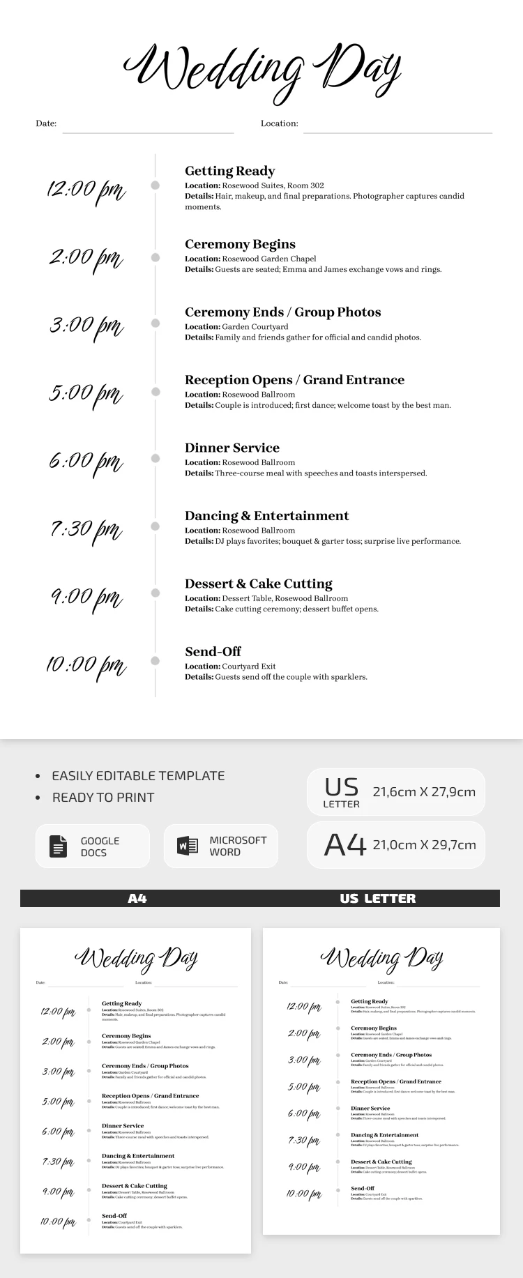 Wedding Schedule Template with Timeline - free Google Docs Template - 10072717