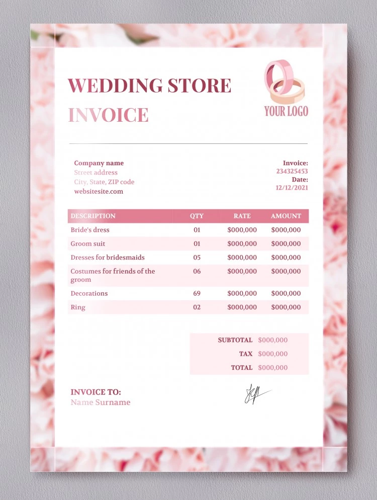 Fattura negozio di matrimoni - free Google Docs Template - 10061736
