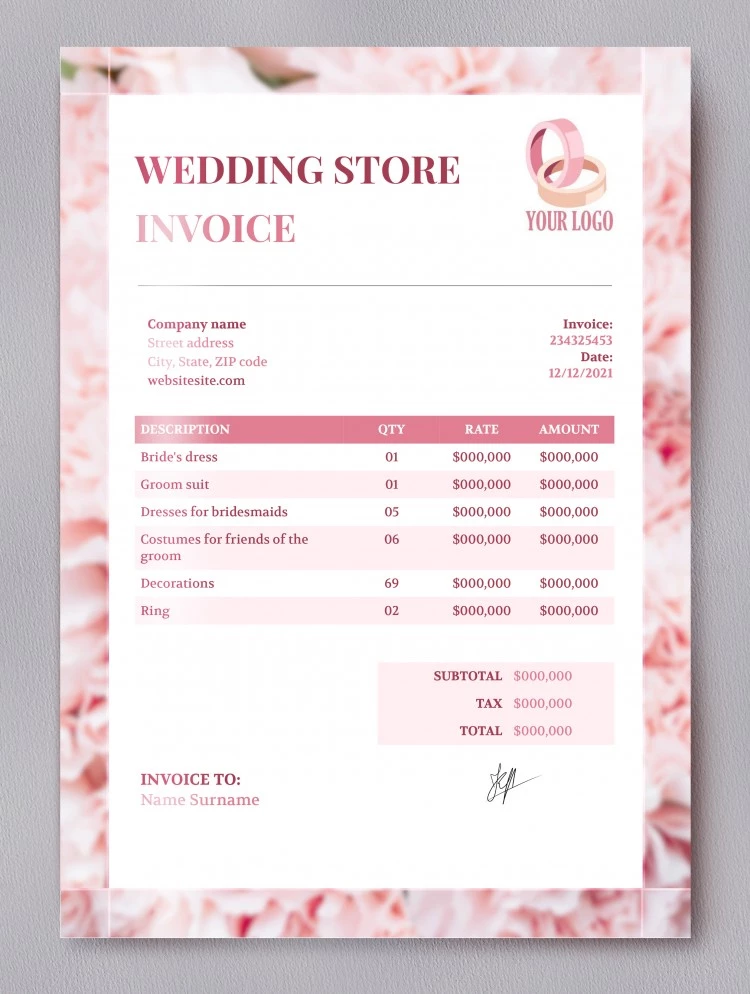 Facture de magasin de mariage - free Google Docs Template - 10061736