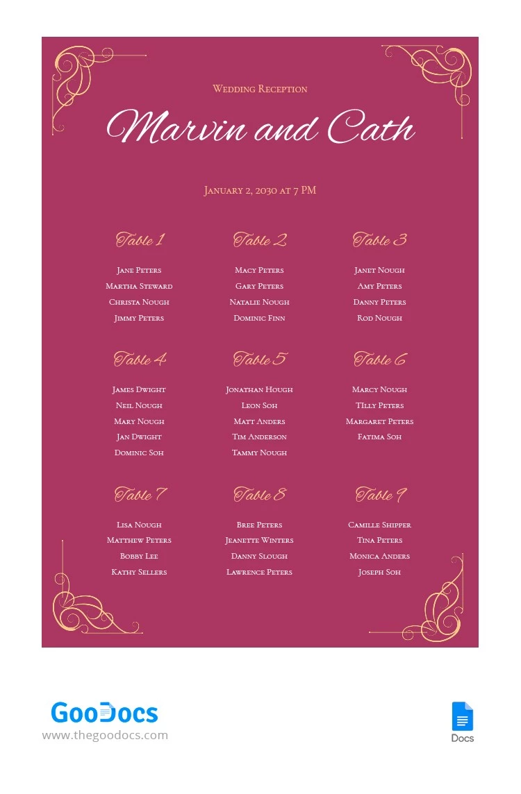 Pianificatore dei tavoli da matrimonio - free Google Docs Template - 10062354