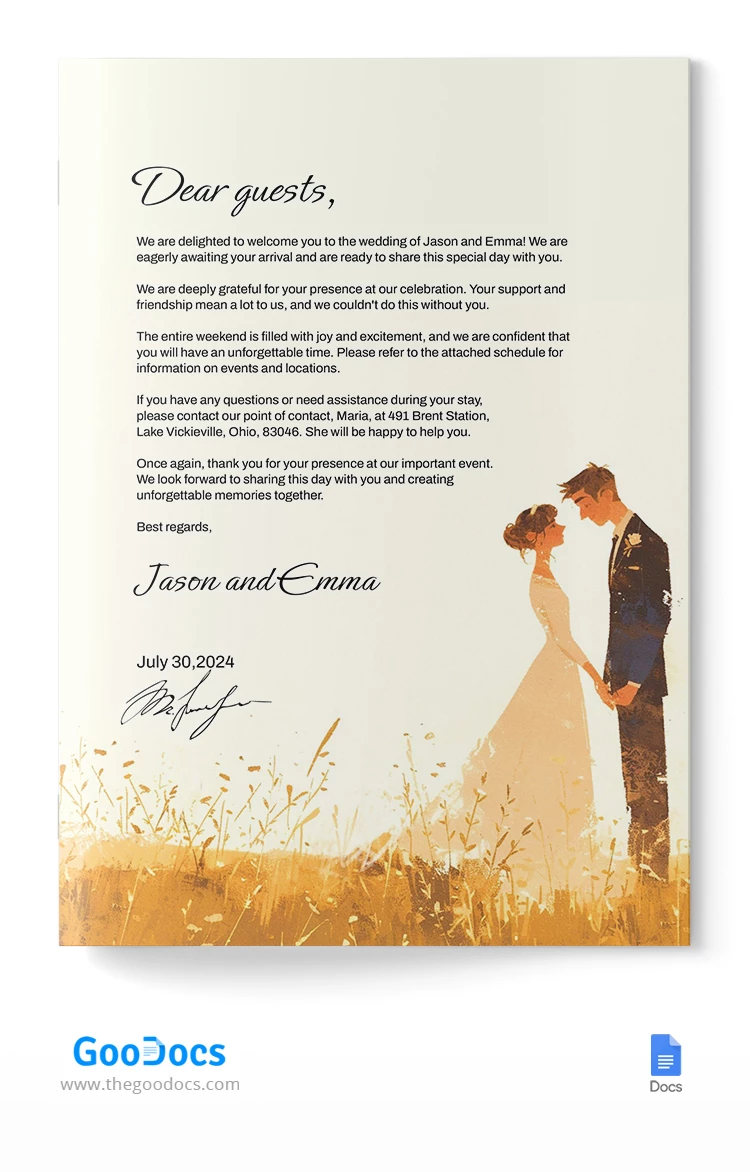 Lettera di benvenuto al matrimonio - free Google Docs Template - 10068333