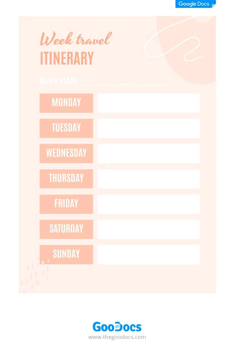 Week Travel Itinerary - free Google Docs Template - 10062061