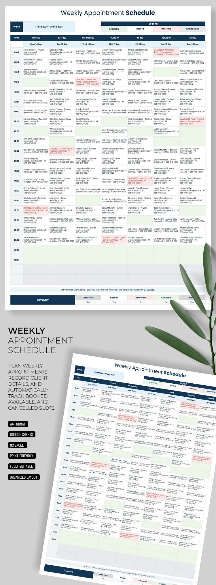 Preview of Weekly Appointment Schedule Template for Google Sheets and Microsoft Excel