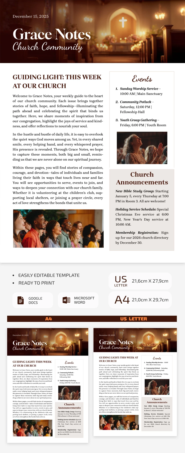 Plantilla semanal de boletín comunitario de la iglesia - free Google Docs Template - 10072384