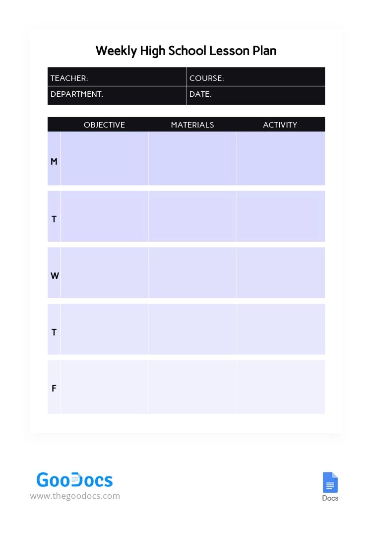 Weekly High School Lesson Plan - free Google Docs Template - 10064689