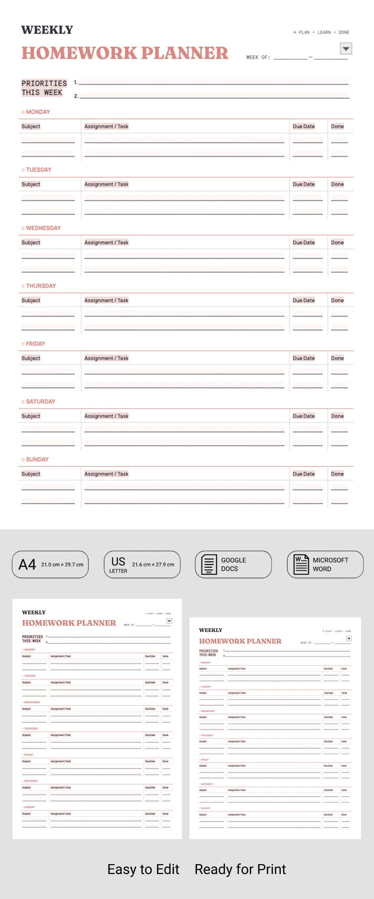 Preview of Weekly Homework Planner Template for Google Docs and Microsoft Word