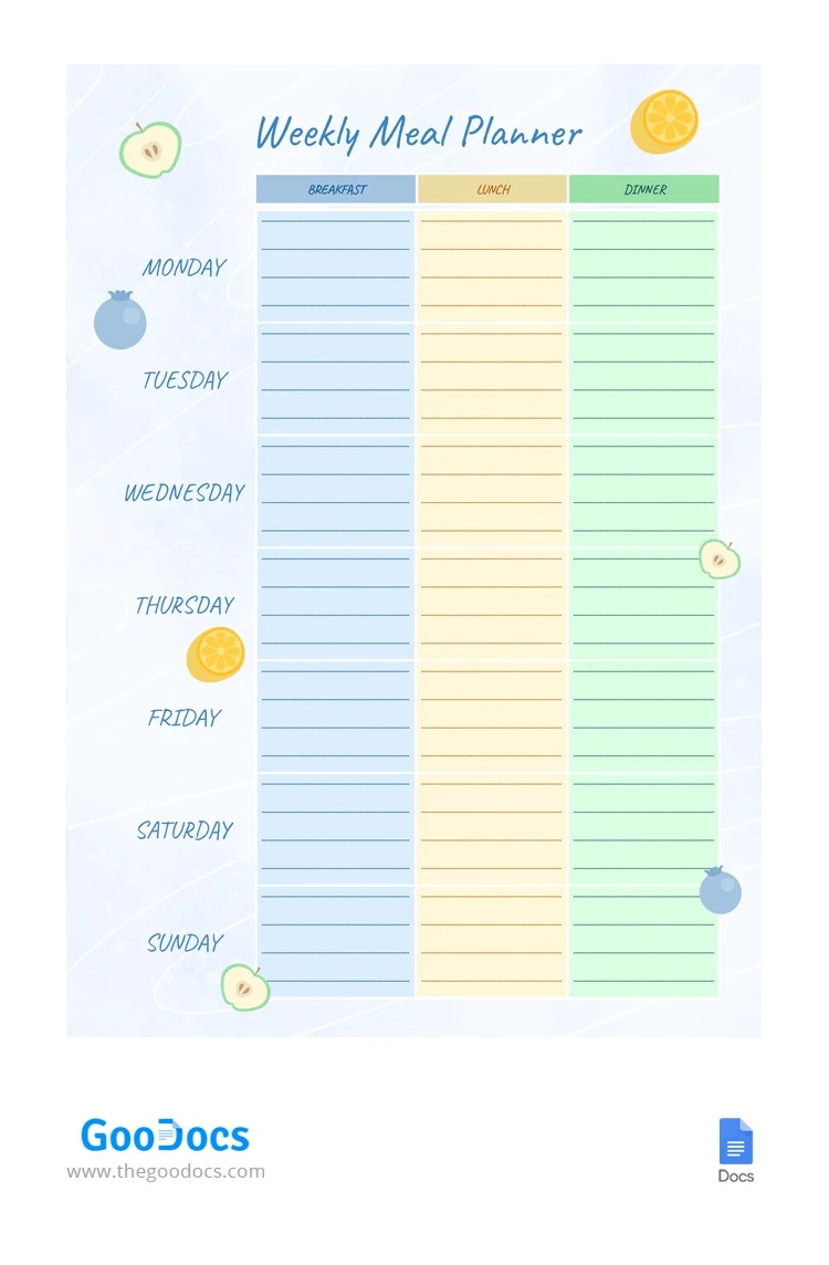 Maravillosa planificación semanal de comidas. - free Google Docs Template - 10062486