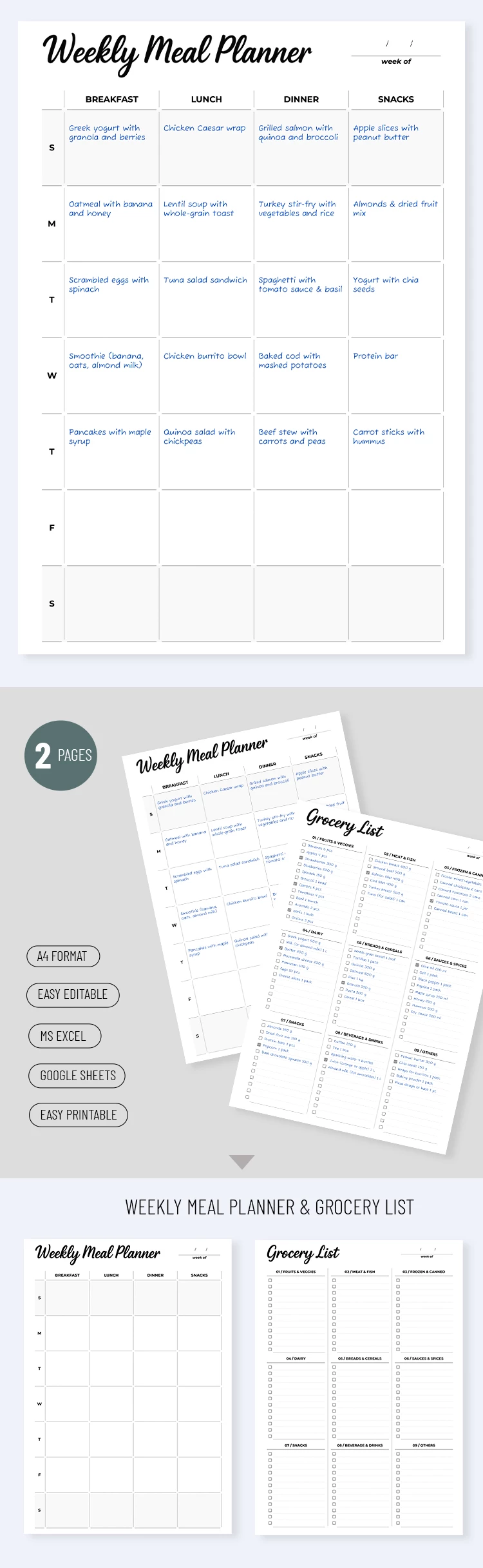 Modèle hebdomadaire de planificateur de repas et liste d'épicerie - free Google Docs Template - 10072070