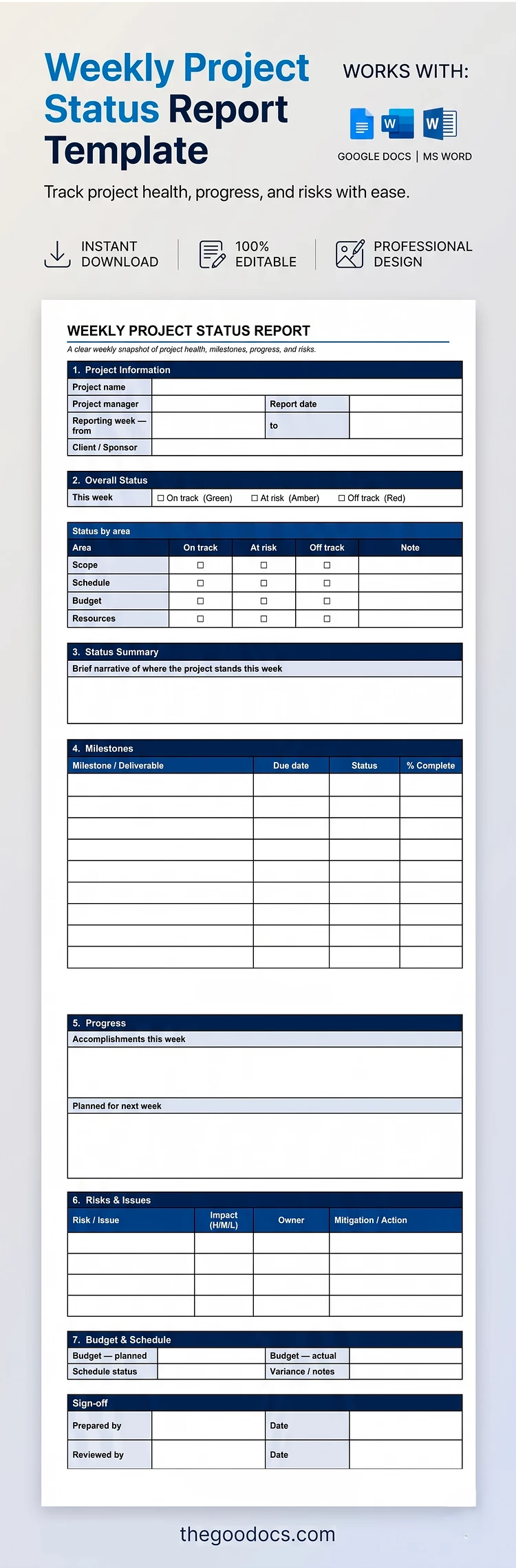 Preview of Weekly Project Status Report Template for Google Docs and Microsoft Word