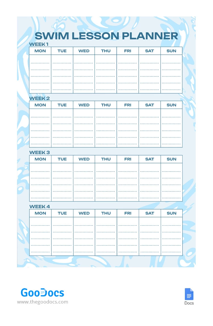 Weekly Swim Lesson Planner - free Google Docs Template - 10066360