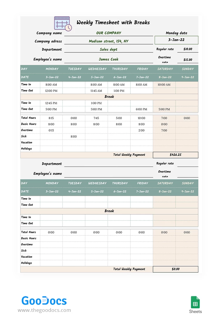 Weekly Timesheet with Breaks - free Google Docs Template - 10063298
