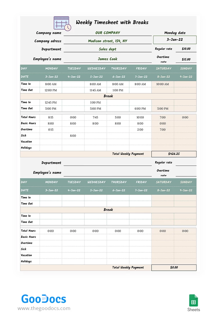 Feuille de temps hebdomadaire avec pauses - free Google Docs Template - 10063298