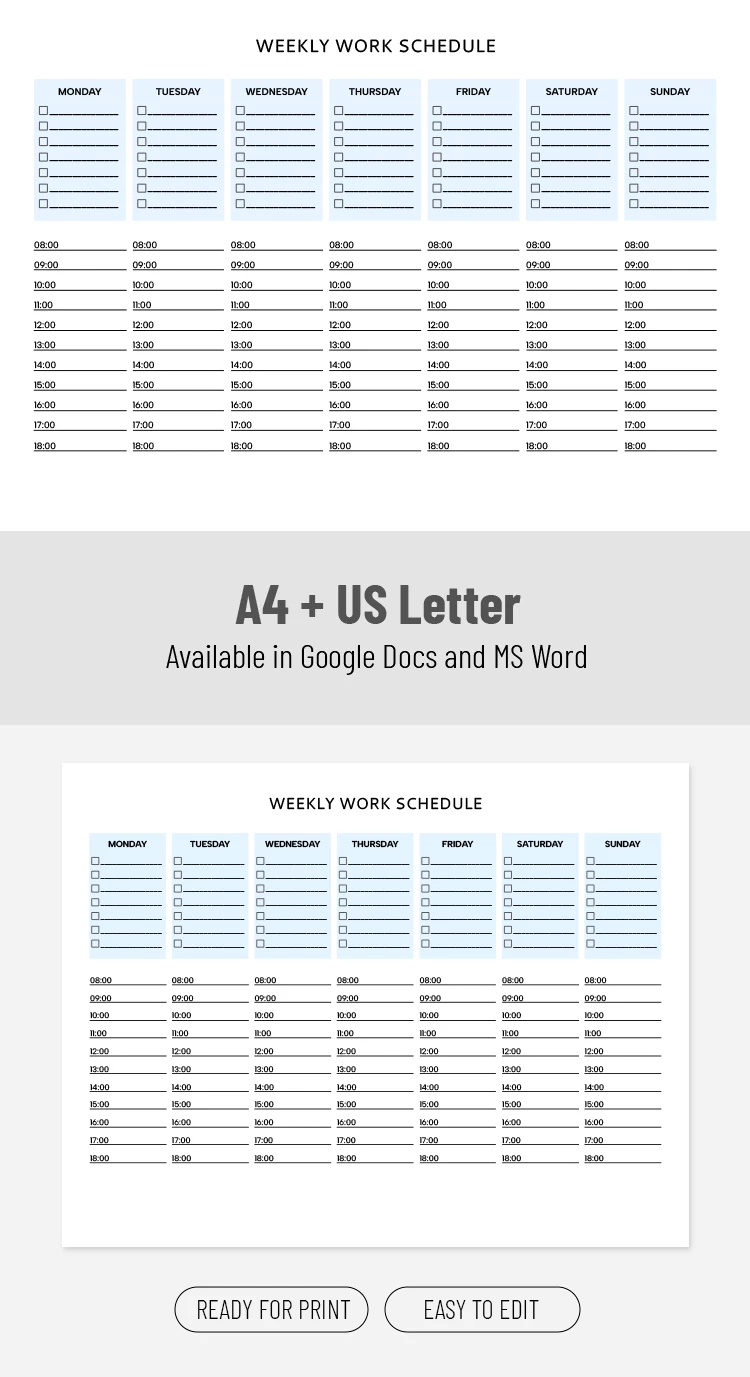 Preview of Weekly Work Schedule Template for Google Docs and Microsoft Word