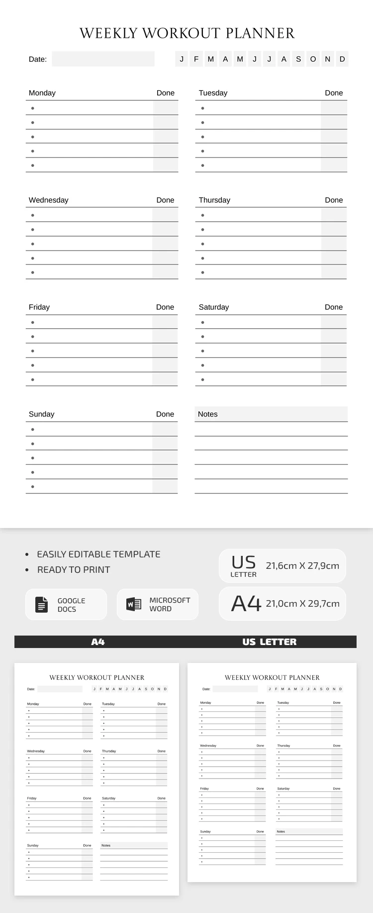 Preview of Weekly Workout Planner Template for Google Docs and Microsoft Word