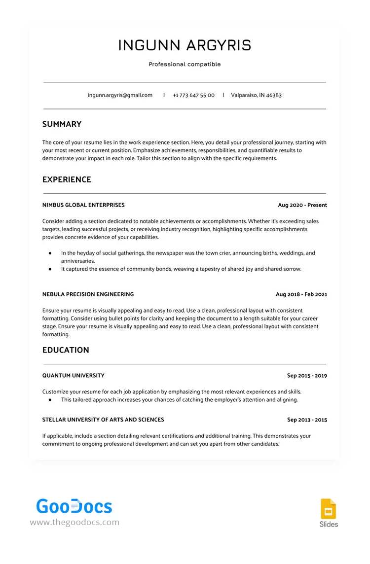 Curriculum Vitae ATS Compatibile Bianco - free Google Docs Template - 10067997