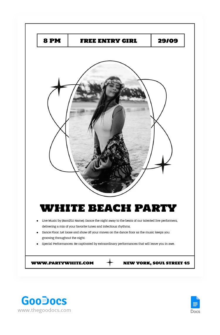 Festa in spiaggia bianca - free Google Docs Template - 10066253