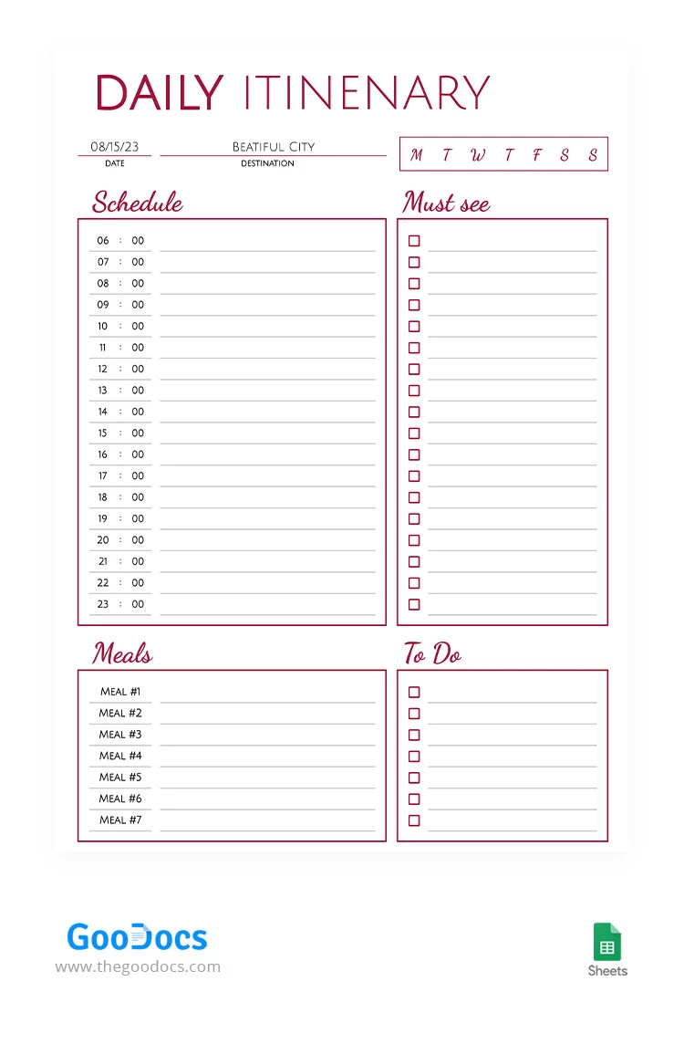 Itinerario giornaliero bianco - free Google Docs Template - 10066446